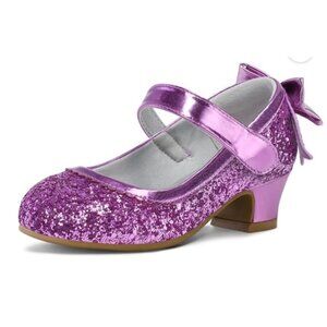 GLITTER MARY JANE SHOES Girls Purple Bow Sparkle Heel Party Daddy Daughter Dance